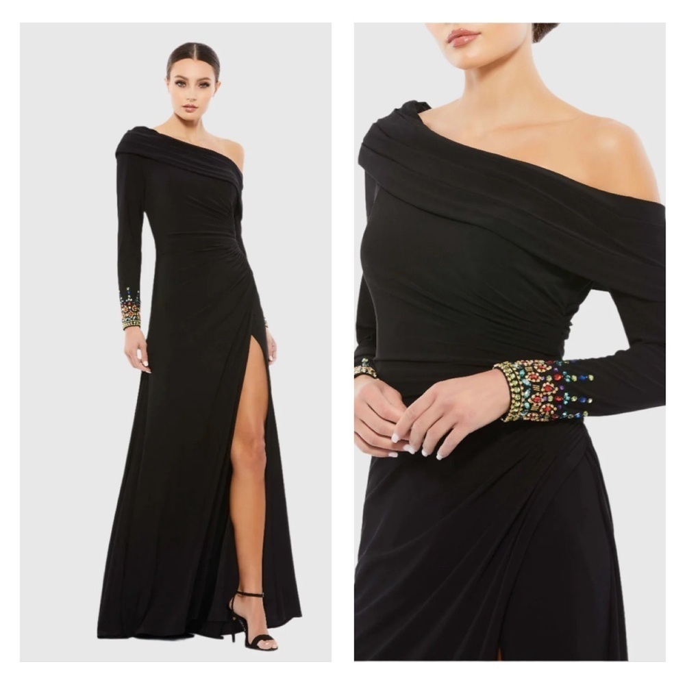 Mac Duggal 12231 NWT Beaded Cuff Drop Shoulder Faux Wrap Gown